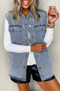 Beau Blue Denim Flap Pocket Curved Hem Shirt Vest - S / 75% Cotton + 25% Polyester - Outerwear/Vests