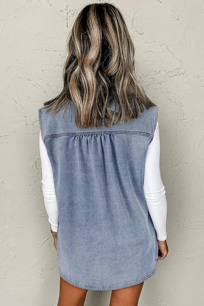 Beau Blue Denim Flap Pocket Curved Hem Shirt Vest - Outerwear/Vests
