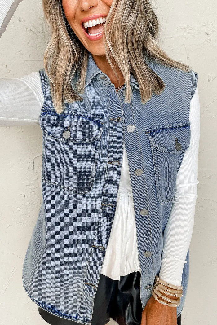 Beau Blue Denim Flap Pocket Curved Hem Shirt Vest - Outerwear/Vests