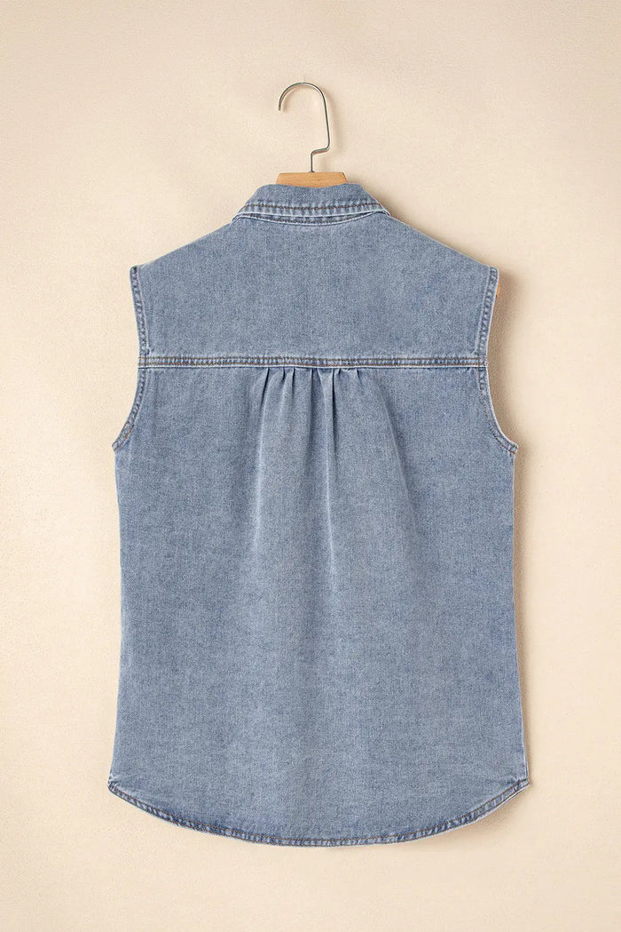 Beau Blue Denim Flap Pocket Curved Hem Shirt Vest - Outerwear/Vests