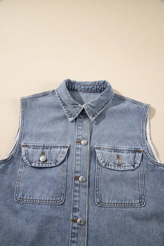 Beau Blue Denim Flap Pocket Curved Hem Shirt Vest - Outerwear/Vests