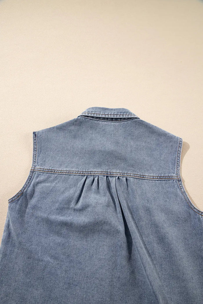Beau Blue Denim Flap Pocket Curved Hem Shirt Vest - Outerwear/Vests