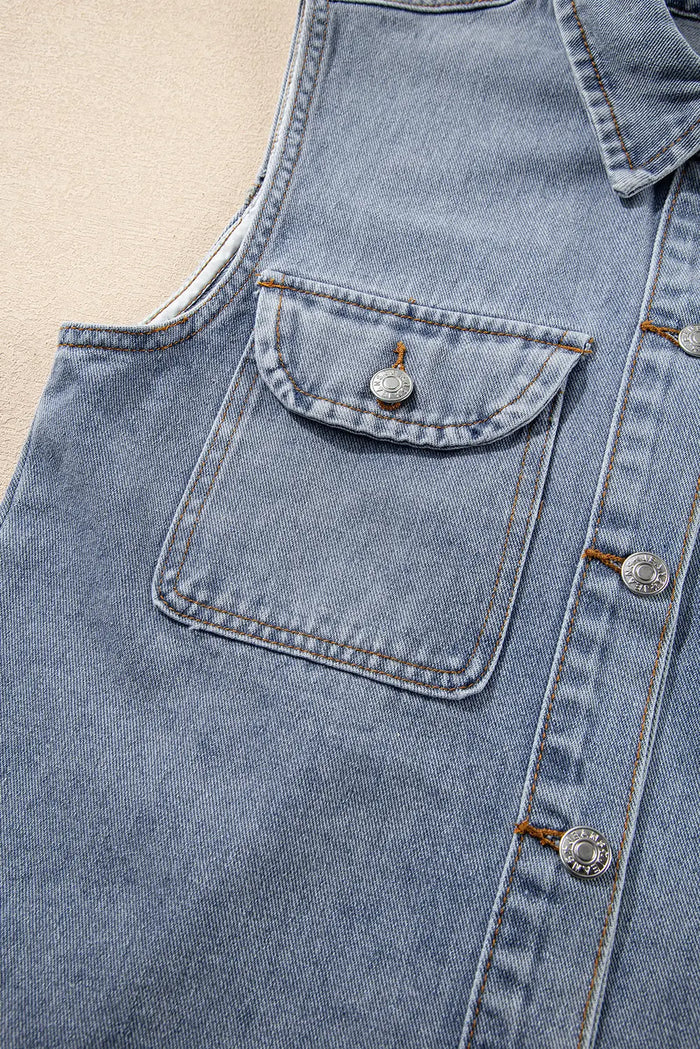 Beau Blue Denim Flap Pocket Curved Hem Shirt Vest - Outerwear/Vests