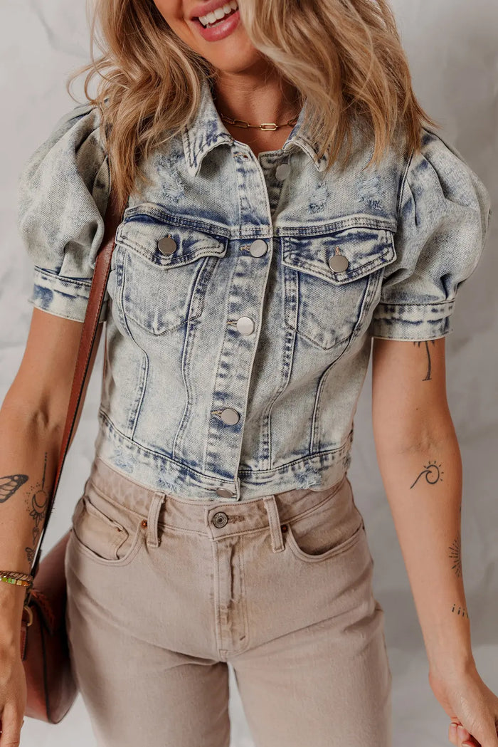 Beau Blue Light Wash Buttoned Chest Pocket Puff Sleeve Denim Jacket - S / 75% Cotton + 25% Polyester - Outerwear/Denim