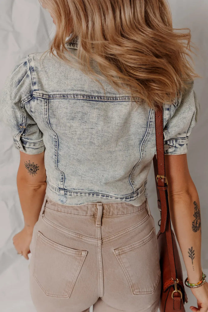 Beau Blue Light Wash Buttoned Chest Pocket Puff Sleeve Denim Jacket - Outerwear/Denim jackets