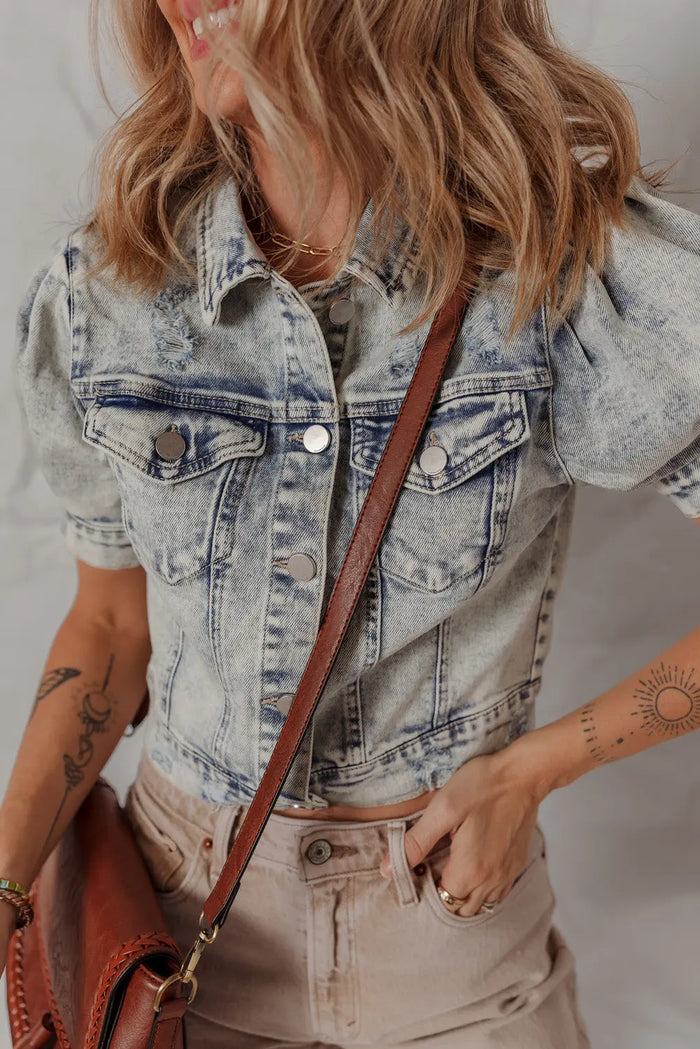 Beau Blue Light Wash Buttoned Chest Pocket Puff Sleeve Denim Jacket - Outerwear/Denim jackets