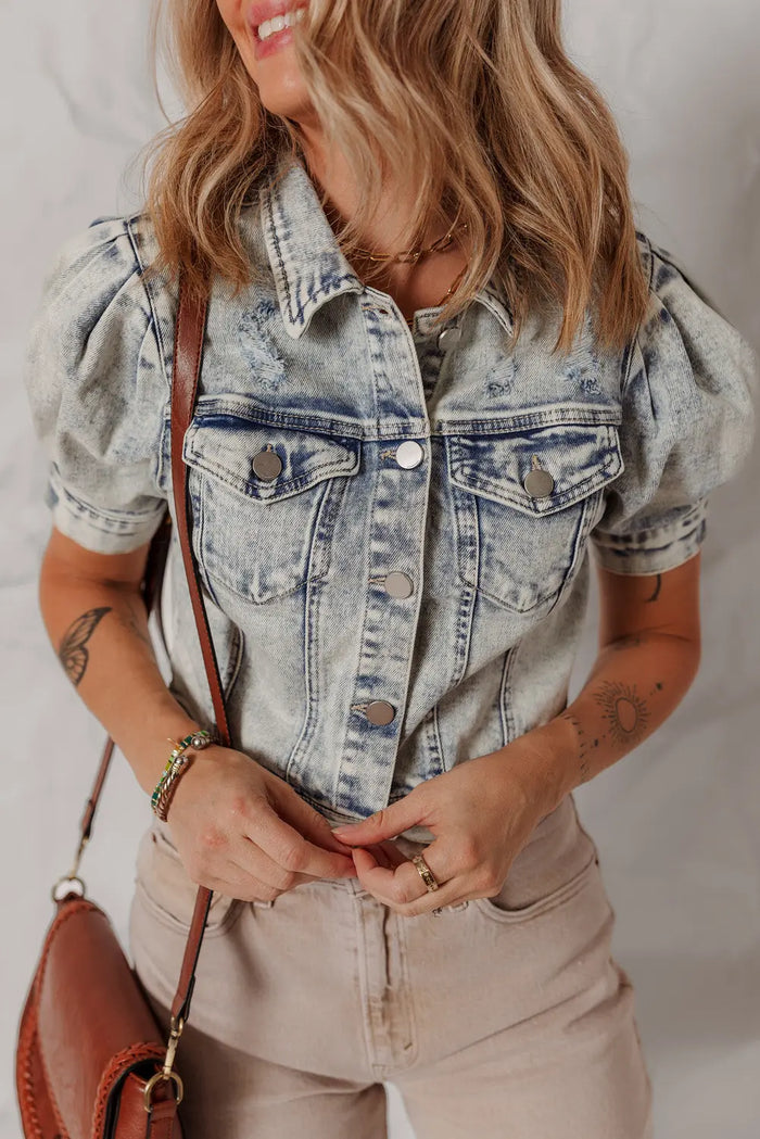Beau Blue Light Wash Buttoned Chest Pocket Puff Sleeve Denim Jacket - Outerwear/Denim jackets