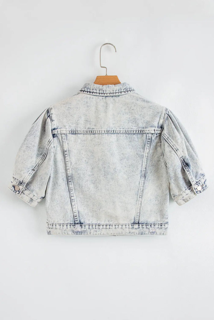 Beau Blue Light Wash Buttoned Chest Pocket Puff Sleeve Denim Jacket - Outerwear/Denim jackets
