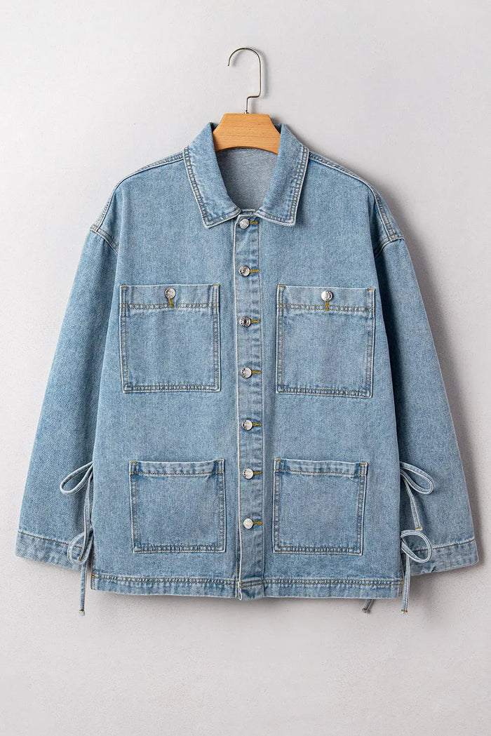 Beau Blue Multi Patched Pockets Side Tie up Boyfriend Style Denim Jacket - S - Outerwear/Denim jackets