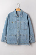 Beau Blue Multi Patched Pockets Side Tie up Boyfriend Style Denim Jacket - S - Outerwear/Denim jackets