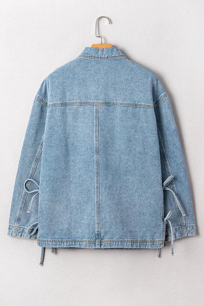 Beau Blue Multi Patched Pockets Side Tie up Boyfriend Style Denim Jacket - Outerwear/Denim jackets