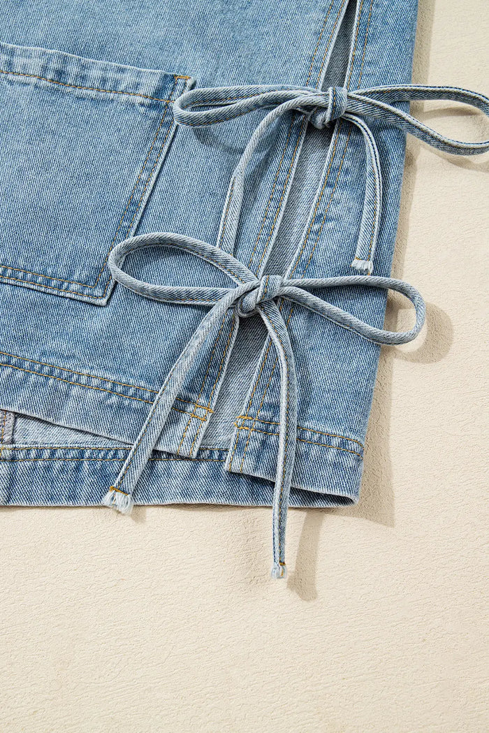 Beau Blue Multi Patched Pockets Side Tie up Boyfriend Style Denim Jacket - Outerwear/Denim jackets