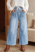 Beau Drawstring Waist Wide Leg Ankle Length Jeans – Blue