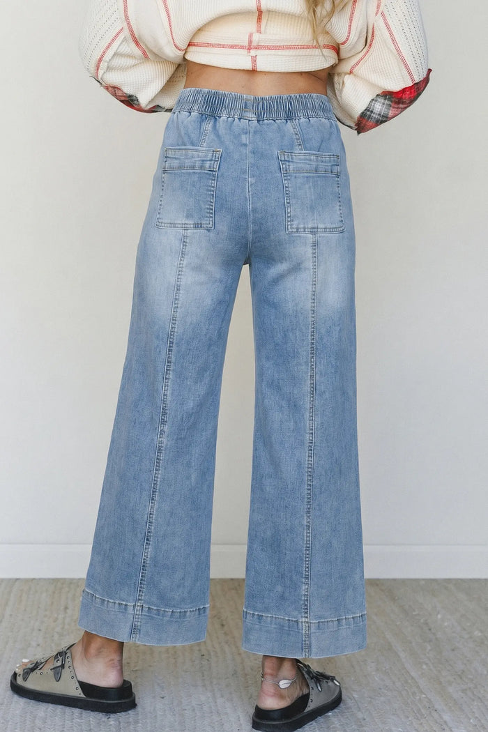 Beau Drawstring Waist Wide Leg Ankle Length Jeans – Blue