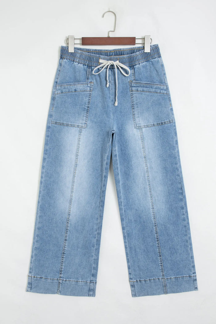 Beau Drawstring Waist Wide Leg Ankle Length Jeans – Blue