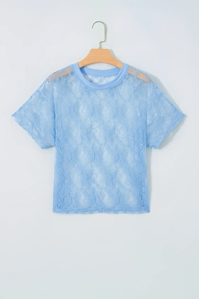 Beau Sheer Floral Lace Boxy Tee – Blue