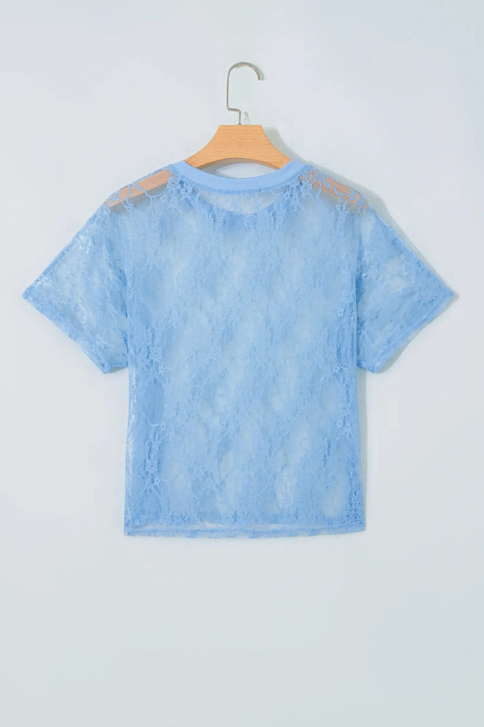 Beau Sheer Floral Lace Boxy Tee – Blue
