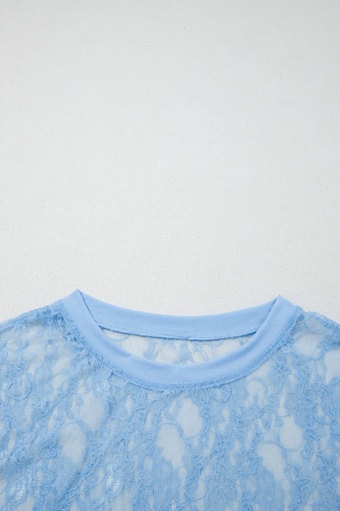 Beau Sheer Floral Lace Boxy Tee – Blue