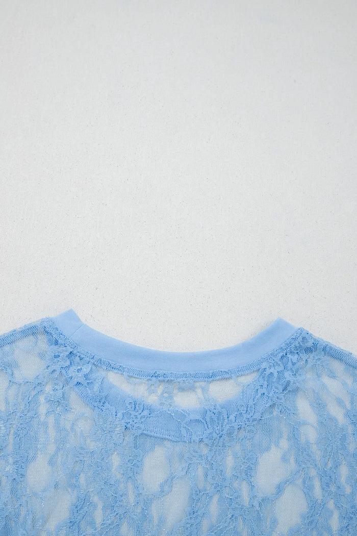 Beau Sheer Floral Lace Boxy Tee – Blue