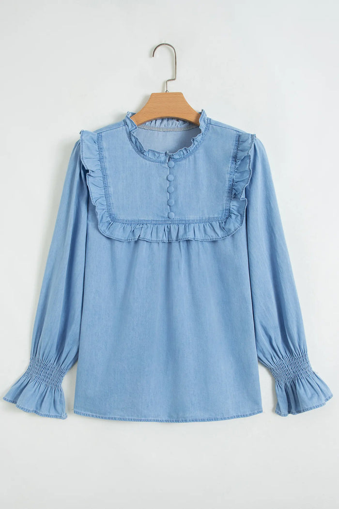 Beau Western Ruffle V Neck Long Sleeve Chambray Blouse – Blue