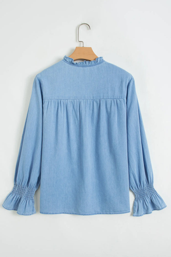 Beau Western Ruffle V Neck Long Sleeve Chambray Blouse – Blue