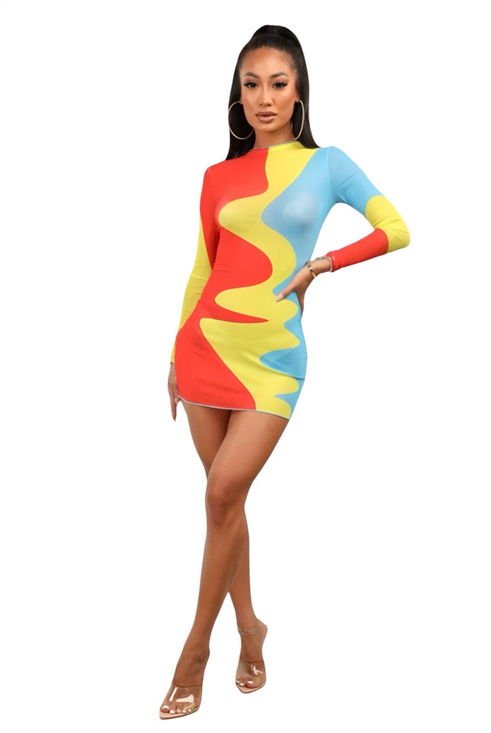 Been It - Color Block Stretch Long Sleeve Mesh Dress