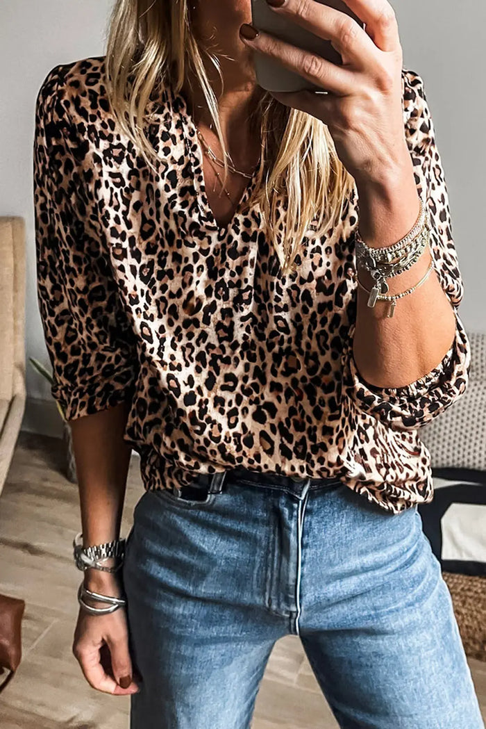 Beige Leopard V Neck Half Sleeve Blouse - Apricot / S / 100% Polyester - Tops/Blouses & Shirts