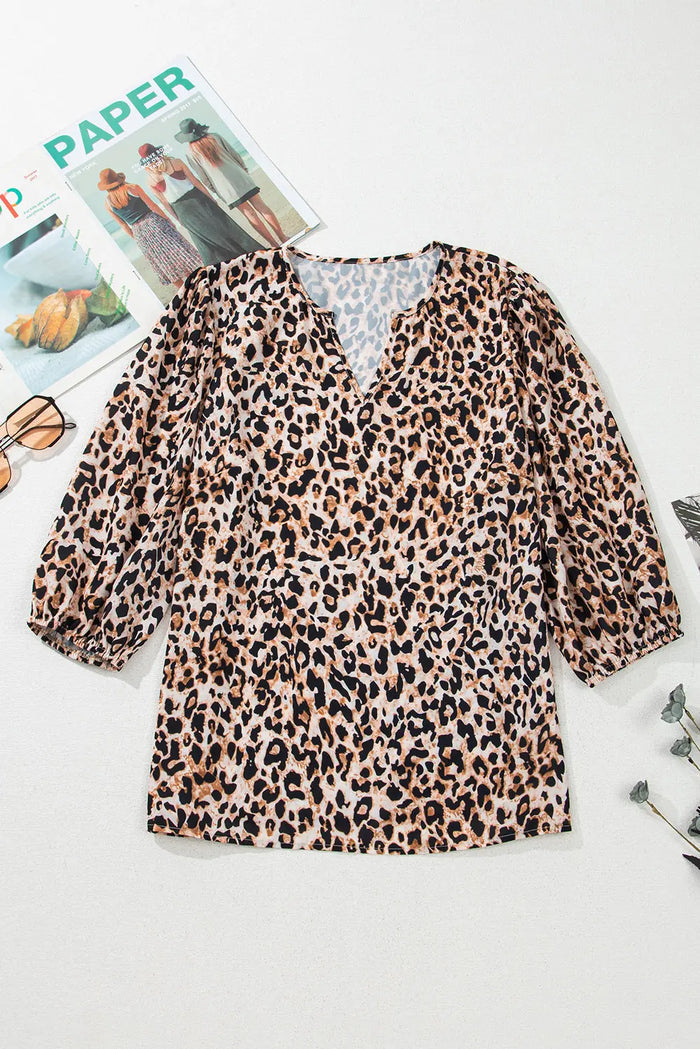 Beige Leopard V Neck Half Sleeve Blouse - Tops/Blouses & Shirts