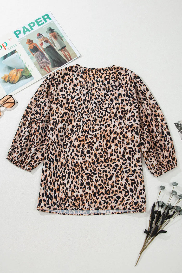 Beige Leopard V Neck Half Sleeve Blouse - Tops/Blouses & Shirts