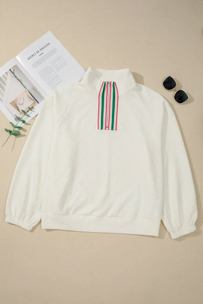 Beige Plus Size Rhombus Texture Contrast Striped Collar Baggy Sweatshirt - 1X - Size/Plus Sweatshirts & Hoodies