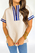 Beige Preppy Striped Trim Textured Quarter Zipper Colourblock Short Sleeve Top - S / 97% Polyester + 3% Elastane