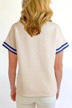 Beige Preppy Striped Trim Textured Quarter Zipper Colourblock Short Sleeve Top - Tops/Blouses & Shirts