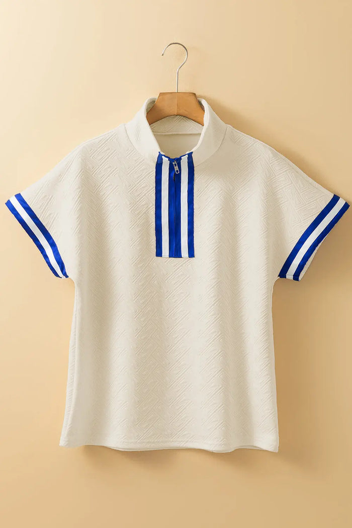 Beige Preppy Striped Trim Textured Quarter Zipper Colourblock Short Sleeve Top - Tops/Blouses & Shirts