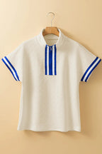 Beige Preppy Striped Trim Textured Quarter Zipper Colourblock Short Sleeve Top - Tops/Blouses & Shirts