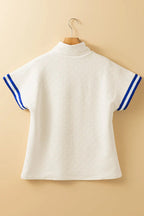 Beige Preppy Striped Trim Textured Quarter Zipper Colourblock Short Sleeve Top - Tops/Blouses & Shirts