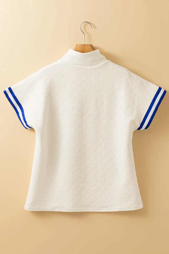 Beige Preppy Striped Trim Textured Quarter Zipper Colourblock Short Sleeve Top - Tops/Blouses & Shirts
