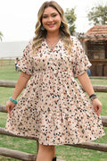 Beige Printed Surplice V Neck Cuffed Sleeve Empire Waist Plus Size Dress - 1X / 100% Polyester - Size/Plus Dresses/Plus