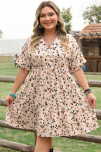 Beige Printed Surplice V Neck Cuffed Sleeve Empire Waist Plus Size Dress - 1X / 100% Polyester - Size/Plus Dresses/Plus