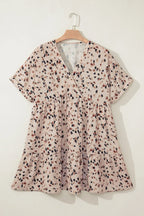 Beige Printed Surplice V Neck Cuffed Sleeve Empire Waist Plus Size Dress - Size/Plus Dresses/Plus Mini Dresses