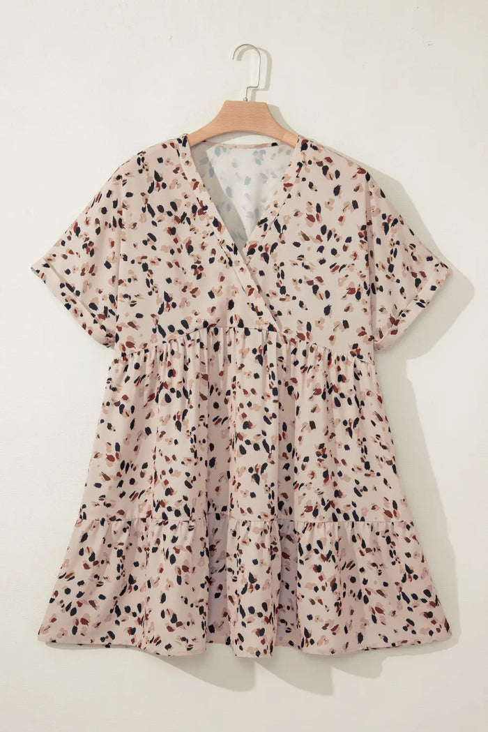 Beige Printed Surplice V Neck Cuffed Sleeve Empire Waist Plus Size Dress - Size/Plus Dresses/Plus Mini Dresses