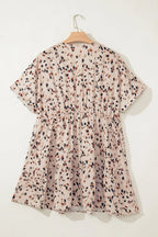 Beige Printed Surplice V Neck Cuffed Sleeve Empire Waist Plus Size Dress - Size/Plus Dresses/Plus Mini Dresses