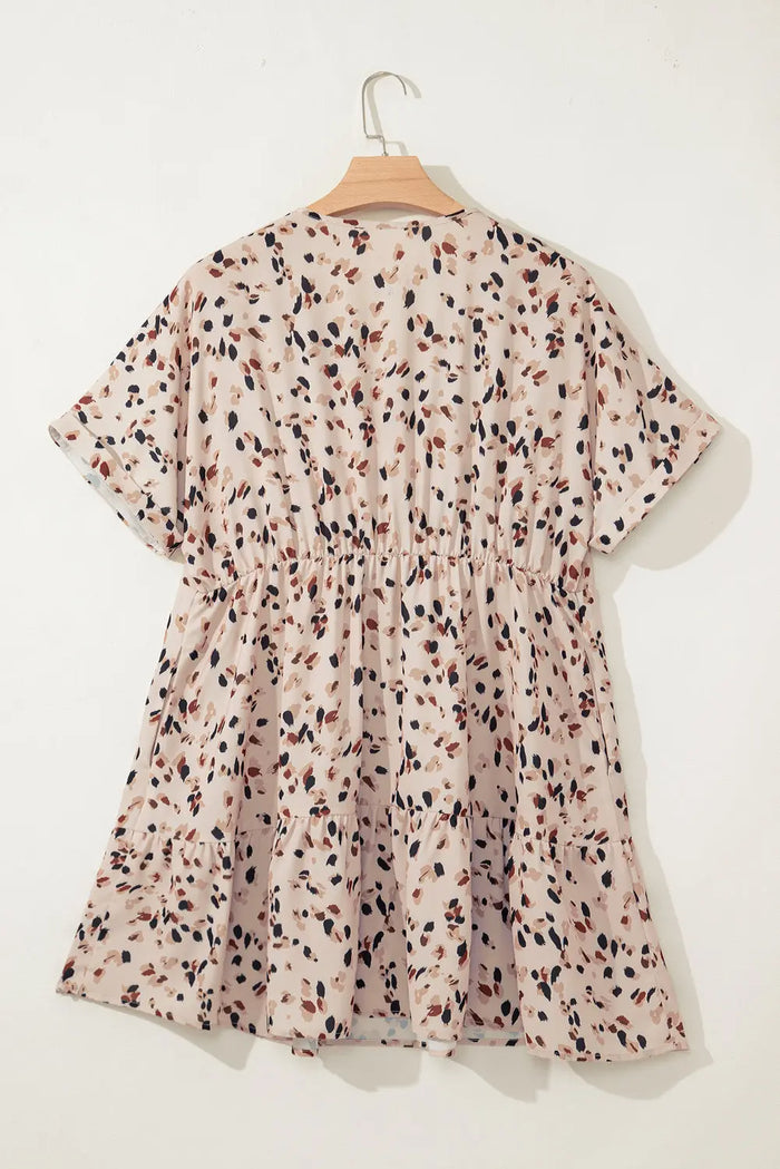 Beige Printed Surplice V Neck Cuffed Sleeve Empire Waist Plus Size Dress - Size/Plus Dresses/Plus Mini Dresses