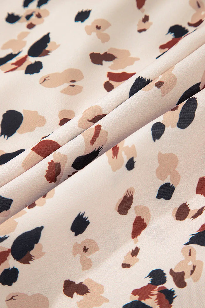 Beige Printed Surplice V Neck Cuffed Sleeve Empire Waist Plus Size Dress - Size/Plus Dresses/Plus Mini Dresses