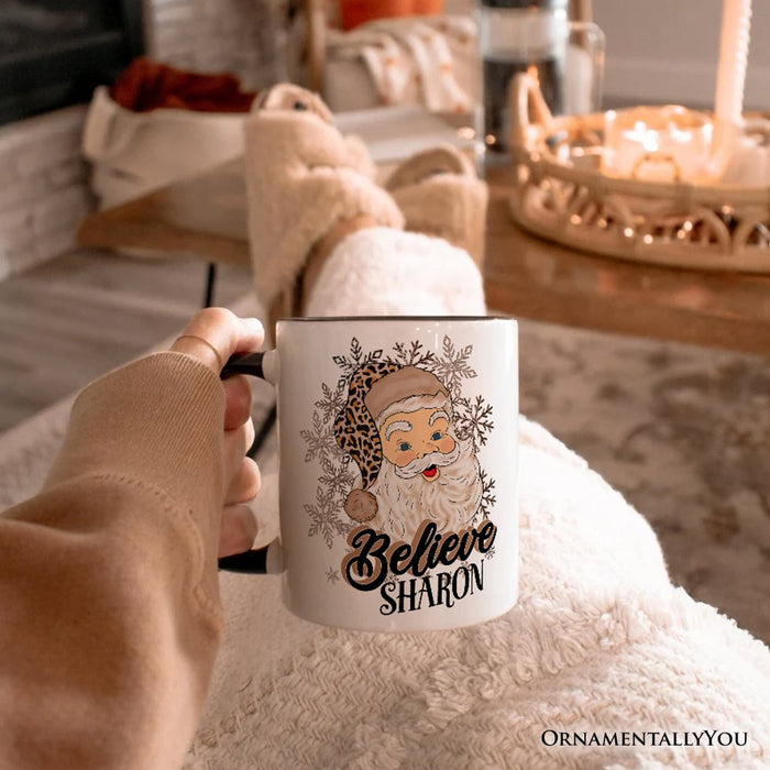 Believe Santa Cheetah Leopard Personalized Mug, Retro Christmas Gift with Custom Name Personalized Ceramic Mug OrnamentallyYou