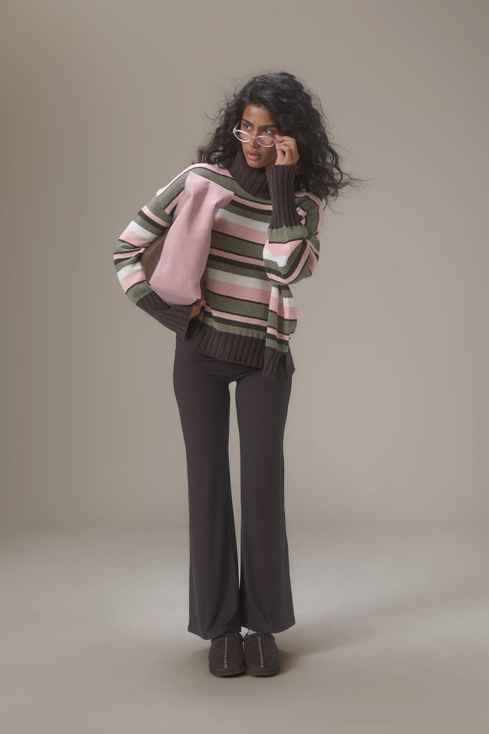 Bella Stripe Roll Neck in Chocolate