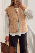 Big Button Accent Fuzzy Pocket Vest – Light French Beige