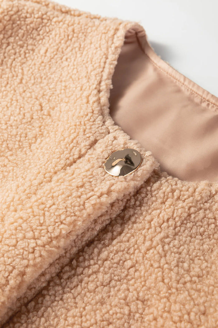 Big Button Accent Fuzzy Pocket Vest – Light French Beige