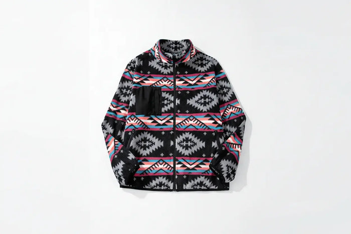 Shop Black Aztec Printed Zip Up Collar Jacket at eAura