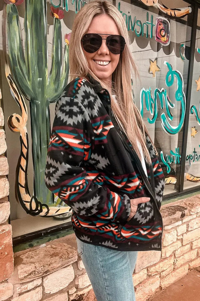 Shop Black Aztec Printed Zip Up Collar Jacket at eAura