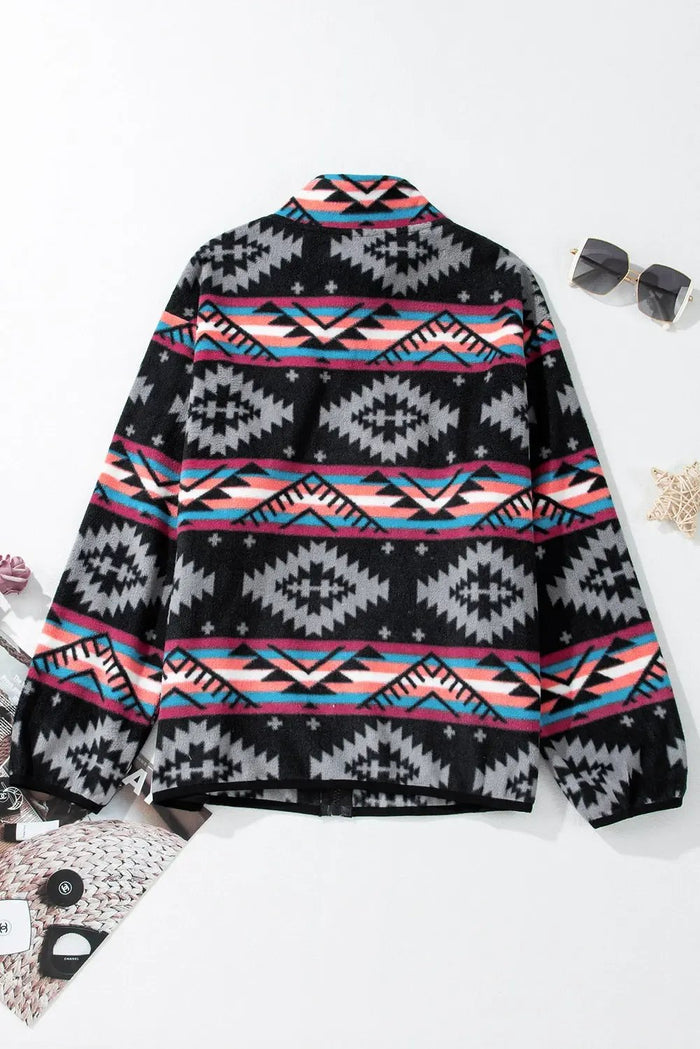 Shop Black Aztec Printed Zip Up Collar Jacket at eAura